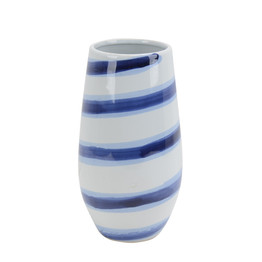 Decorative Ceramic Vase with Striped Design, Blue and White