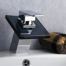 Bathroom sink basin mixer tap chromed brass square black glass waterfall Faucet BF037