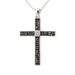Black and Princess Cut Diamond Cross Pendant in 14K White Gold