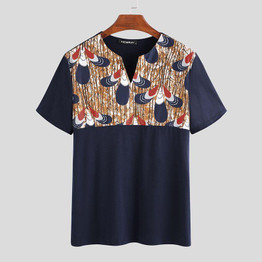 INCERUN Fashion Men Casual T Shirt Short Sleeve Print Patchwork V Neck 2020 African Dashiki Tops Summer T-shirts Men Clothes 5XL