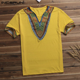 INCERUN Fashion Men Dashiki T Shirt V Neck Print Tops African Ethnic Short Sleeve Brand T-shirts Men African Clothes 2020 S-5XL
