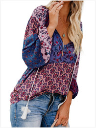 2020 New Plus Size Blouse Women V-neck Long Sleeve Casual Loose Floral Print Tops