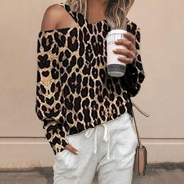 Women Casual Leopard Printed  Lantern Long Sleeve Off Shoulder Blouses