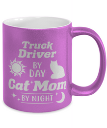 Truck Driver Cat Mom By Night 11 oz Metallic Purple Mug, Gift For Cat Loving Truck Drivers, Novelty Coffee Mugs Gift For Her, Birthday Present Ideas For Cat Loving Truck Drivers