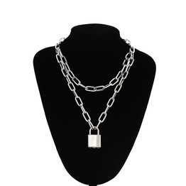 Double layer Lock Chain necklace grunge punk 90s link chain silver color padlock pendant necklace women aesthetic egirl jewelry