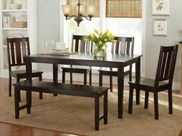 6 Pc Mocha Dining Room Set Kitchen Table Chairs Bench Wood Furniture Tables Sets