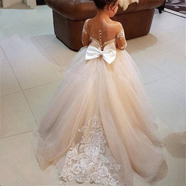 Flower Girl Dress For Wedding Tulle Long Sleeve Ball Gown Lace Appliques Little Gowns Girls First Holy Communion Dresses