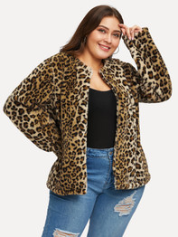 Plus Leopard Print Faux Fur Coat