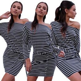 Women Summer Sexy Off Shoulder Striped Print Mini Dress