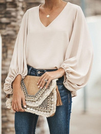 V Neck Puff Long Sleeve Loose Blouse