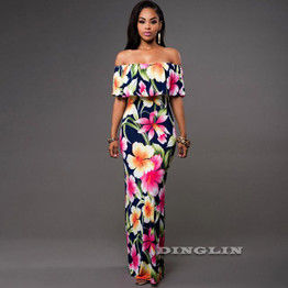 GZDL Sexy Summer Women Flower Floral Print Dress Ruffles Off Shoulder Strapless Elegant Party Club Long Dresses Vestidos CL3289