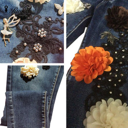 Rhinestone Jeans Pants Women 2016 Winter Autumn Skinny Jeans Womens Lace Slim Pencil Denim Pants with Embroidered Beading