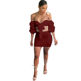 Wantmove women 2018 summer fashion off the shoulder 2 pieces mini dress puff sleeve tie-up sexy club wear dress for women JZ038