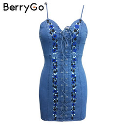 BerryGo Sexy lace up flower denim dress Women blue beach party embroidery  short vestidos vintage bodycon summer sundress