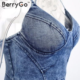 BerryGo Sexy backless denim dress shirt Women vintage bodycon summer dress Beach party short dresses Casual blue slip vestidos