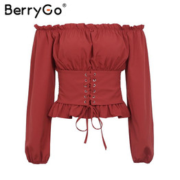 BerryGo Ruffle off shoulder lace up blouse shirt women Sexy long sleeve streetwear blouse 2017 Autumn casual female top blouse