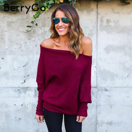 BerryGo Black off shoulder knitted sweater Women autumn elegant batwing sleeve jumper pull femme Winter casual loose pullover