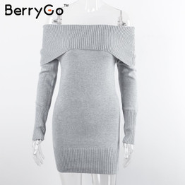 BerryGo Autumn winter off shoulder knitted bodycon dress Women sexy long sleeve party dress 2016 short white dresses vestidos