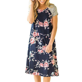 ELSVIOS Summer Floral Printed Loose A-Line Dress Women O Neck Short Sleeve Patchwork Dresses Casual Sundress Female Vestidos