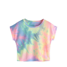 ROMWE Summer Crop Tops Women 2018 Dolman Sleeve Watercolor Tee Multicolor Tie Dye Print Short Sleeve Casual T-shirt