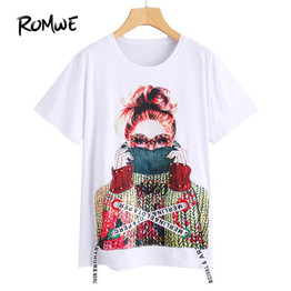 ROMWE Figure Print Pearl Embellished White T-Shirt Women Short Sleeve Summer Tops 2018 Fashion New Female Funny O Neck T-Shirt