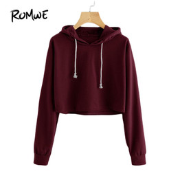 ROMWE Burgundy Casual Bts Hoodies Women Drawstring Autumn Hooded Crop Sweatshirt 2017 Spring Fashion Brief Plain Basic Hoodies