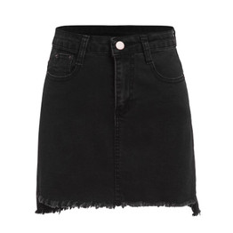 ROMWE Autumn Mini Skirts Casual Skirts For Women Plain Black Raw Hem With Pockets Above Knee Denim Bodycon Skirt