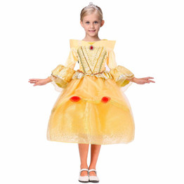 MUABABY Girls Belle Cosplay Costume Children 5 Layers Princess Dresses Kids Flare Sleeve Lace Layered Tutu Dress Girl Ballgown
