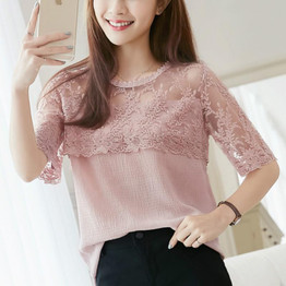 2018 Summer Chiffon Blouse Women Lace Shirt Sexy Half Sleeve Womens Tops Casual Elegant Female Blouses feminina Blusa 676F 30