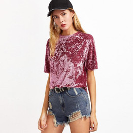 2018 Spring Summer T-Shirt Women Velvet T-shirt Women Tees Tops O-Neck Short Sleeve Sexy Short T-shirt Pink HO930791