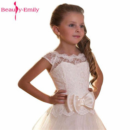 Beauty-Emilyt White/Ivory Lace Flower Girl Dresses 2017 for Weddings First Communion Dresses for Girls Lace up Back