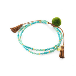 NEUTRAL BEADED DOUBLE STRAND POM POM BRACELET