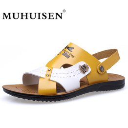 MUHUISEN Summer Fashion Men Sandals Beach Slippers Breathable Leather Soft Casual Shoes Male Outdoor