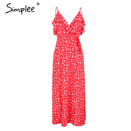 Simplee V neck ruffle floral print summer dress women Backless strap boho dress long Sleeveless split maxi beach dress vestidos
