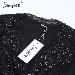 Simplee V neck long sleeve sequin party dresses women Sexy mesh streetwear casual midi dress female 2017 autumn dress vestido