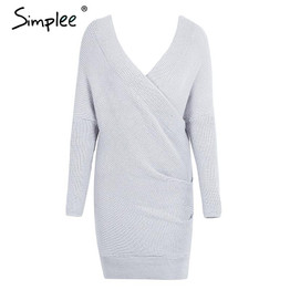 Simplee Sexy V neck cross knitting sweater dress Women elegant long sleeve pullover female winter dress Autumn casual jumper