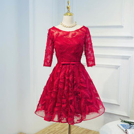 2018 New Short Cocktail Dress Bride Banquet Elegant Grey Lace Half Sleeved Knee-length Party Gown Formal Dress Custom