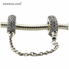 Autumn Pave Inspiration Safety Chain, Clear CZ 925 Sterling-Silver-Jewelry Fit Silver Charm Bracelet Woman Beads DIY Wholesale