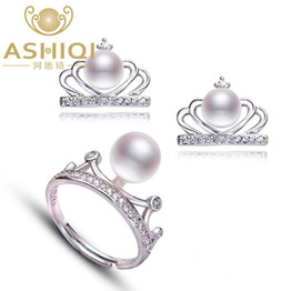 ASHIQI Natural Freshwater Pearl 925 Sterling-Silver Rings Earrings Jewelry Sets Fashion crown for women