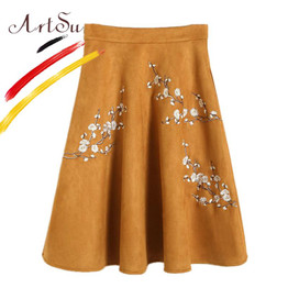 ArtSu Vintage Ethnic Pleated Midi Skirts 2017 Winter Floral Embroidery Knee-Length Skirt Women High Waist Suede Skirts ASSK20051