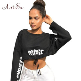 ArtSu Autumn Winter Gothic Letter Printed Long Sleeve Crop Top Hoodie Pullover Women Black Sweatshirt Cropped Hoodies ASHO20196