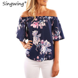 Singwing Women Off the shoulder Shirts Printed Flower Chiffon Blouse Short Sleeve Summer Casual printed Shirts