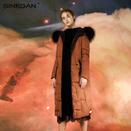 SINRGAN 2017 New X-Long Down Coats Winter Down Jacket Women Natural Raccoon Fur Collar Hooded Warm Thick Outwear Female Parka