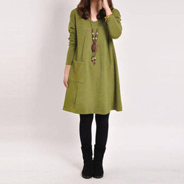 5XL Plus Size Womens Clothing 2018 Autumn Winter Women Pockets Dress Long Sleeve Solid O Neck Loose Dress Casual Ukraine Vestido