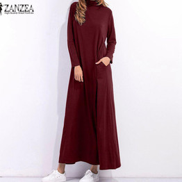 2018 Autumn Dress Women Long Sleeve Turtleneck Long Maxi Dresses Ladies Solid Black Dress Loose Pockets Casual Vestidos