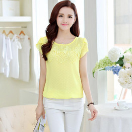 BIBOYAMALL Women Blouse Fashion 2017 Summer Chiffon Blouse Short Sleeve Casual Lace Shirt Tops Women's O-neck Blusa