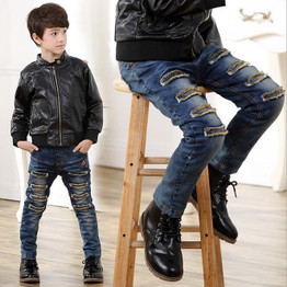 Children Brand Jeans Boys Pants Ripped Hole Jeans 2017 Spring Autumn Light Wash Boys Jeans for Boys Solid Color Children's Jeans