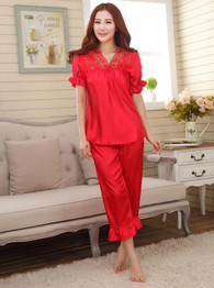 Chinese satin Pyjamas Couple pajama sets short sleeve pijamas women's sleep& lounge female homwear faux silk lady's sleepwear