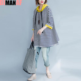 DIMANAF Plus Size Hoodies &amp; Sweatshirts Women Summer Striped Print Pullover Female Casual Fashion Patchwork New Hoodies With Hat