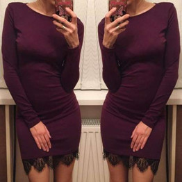 2017 Autumn Winter Women's Bodycon dress Lace Hem Long Sleeve Solid Evening Party Warm Dresses Casual Slim Vestidos LX067